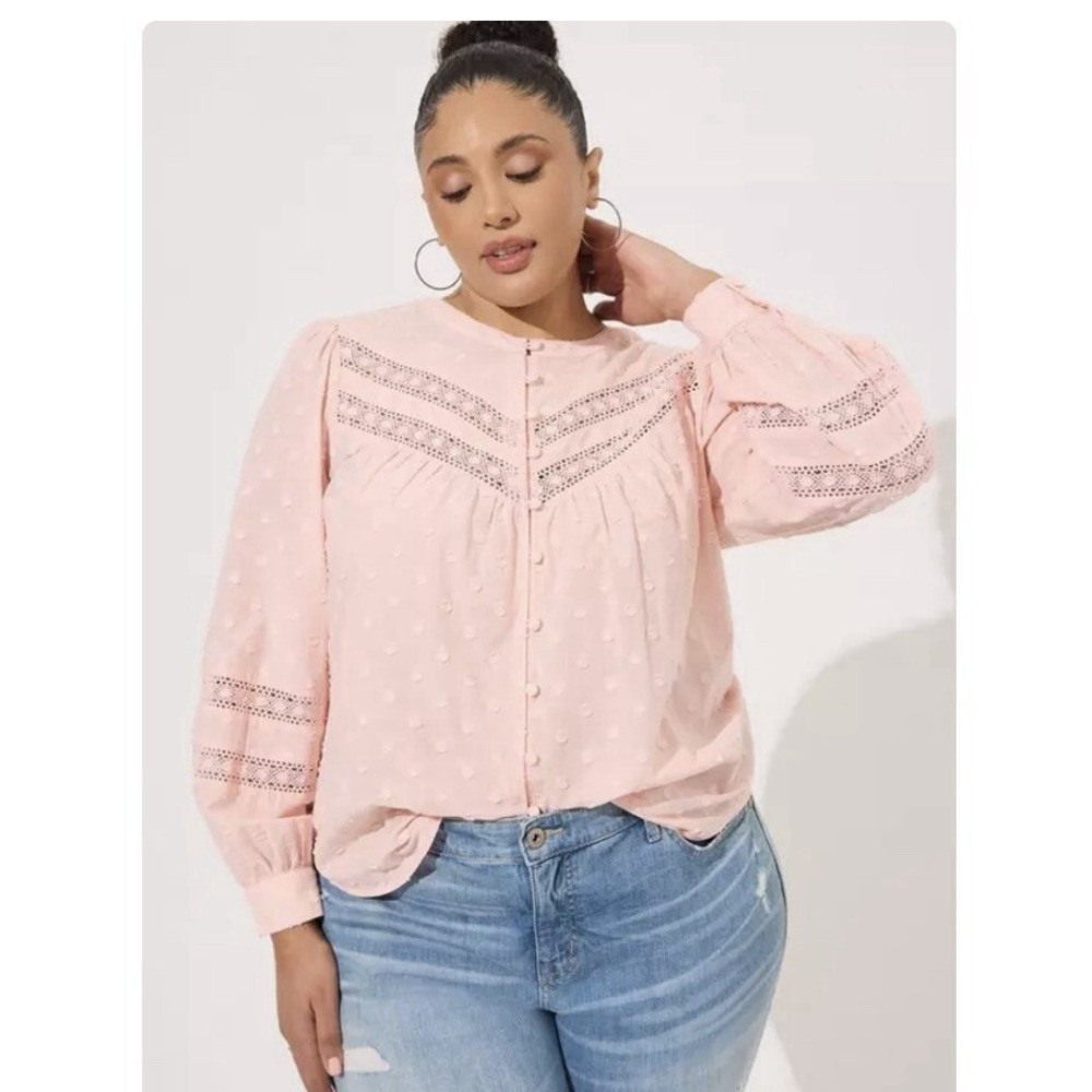 Torrid Pink Cotton Clip Dot Lace Trim Long Sleeve Button Up Top Size 1X